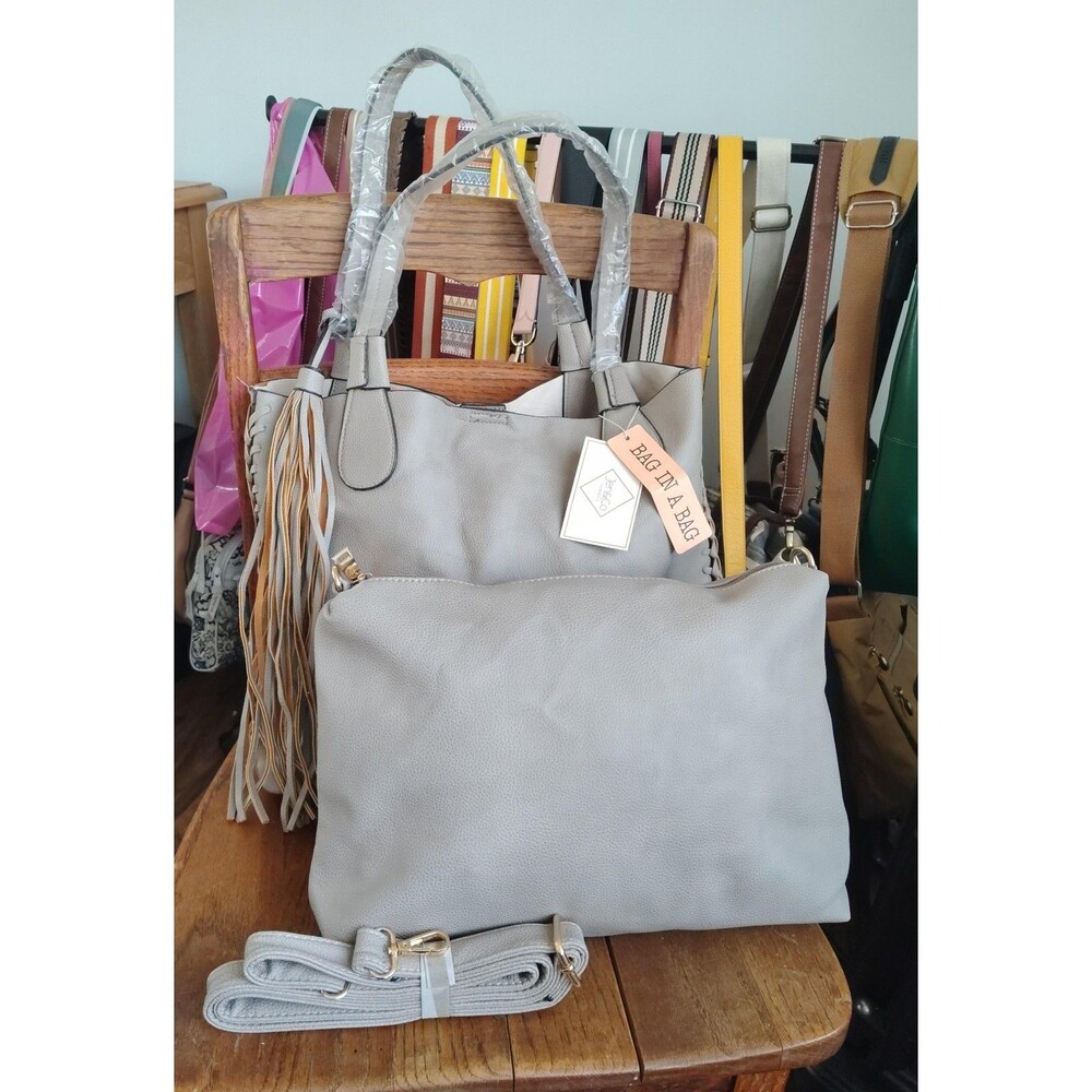 Jen Co Tote Large Gray Bag In A Bag Tassel Pouch Purse Vegan Faux Leather Beige - Picture 15 of 16